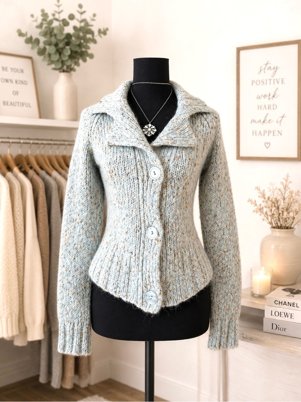 BKE DENIM Speckled Gray and Baby Blue Alpaca Sweater w/Iridescent Buttons